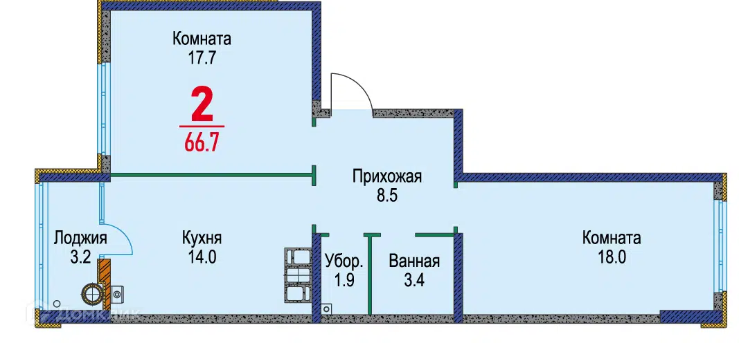 Планировка: 2-комн. квартира 67.50 м² в новостройке Красный Металлист
