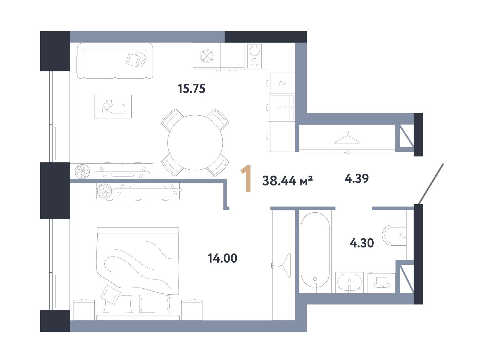 Планировка: 1-комн. квартира 38.44 м² в новостройке Репаблик