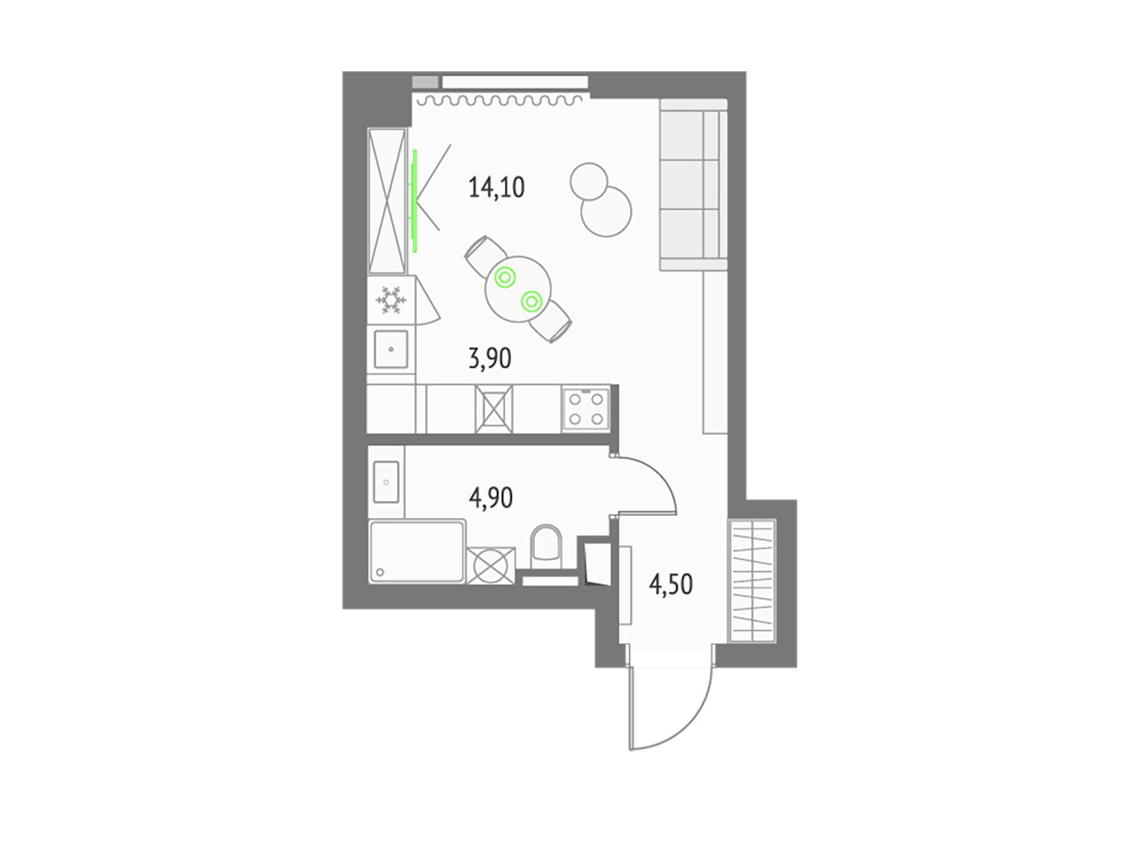 Планировка: Студия 27.70 м² в новостройке Апсайд Тауерс
