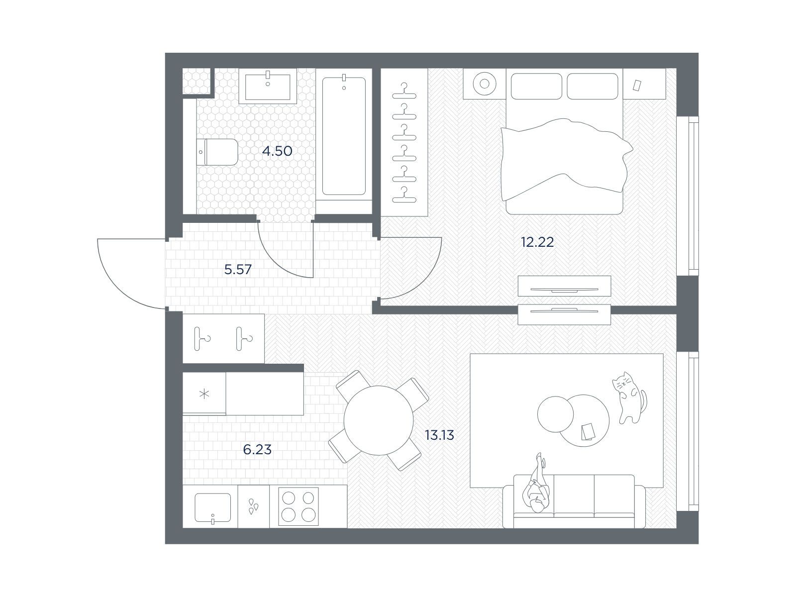 Планировка: 1-комн. квартира 41.65 м² в новостройке ЖК Тейт