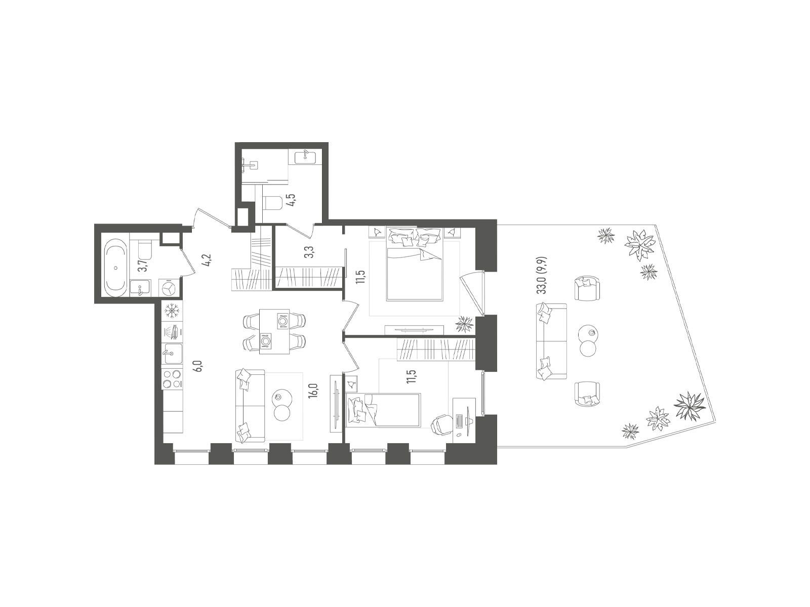 Планировка: 2-комн. квартира 70.60 м² в новостройке Пейв