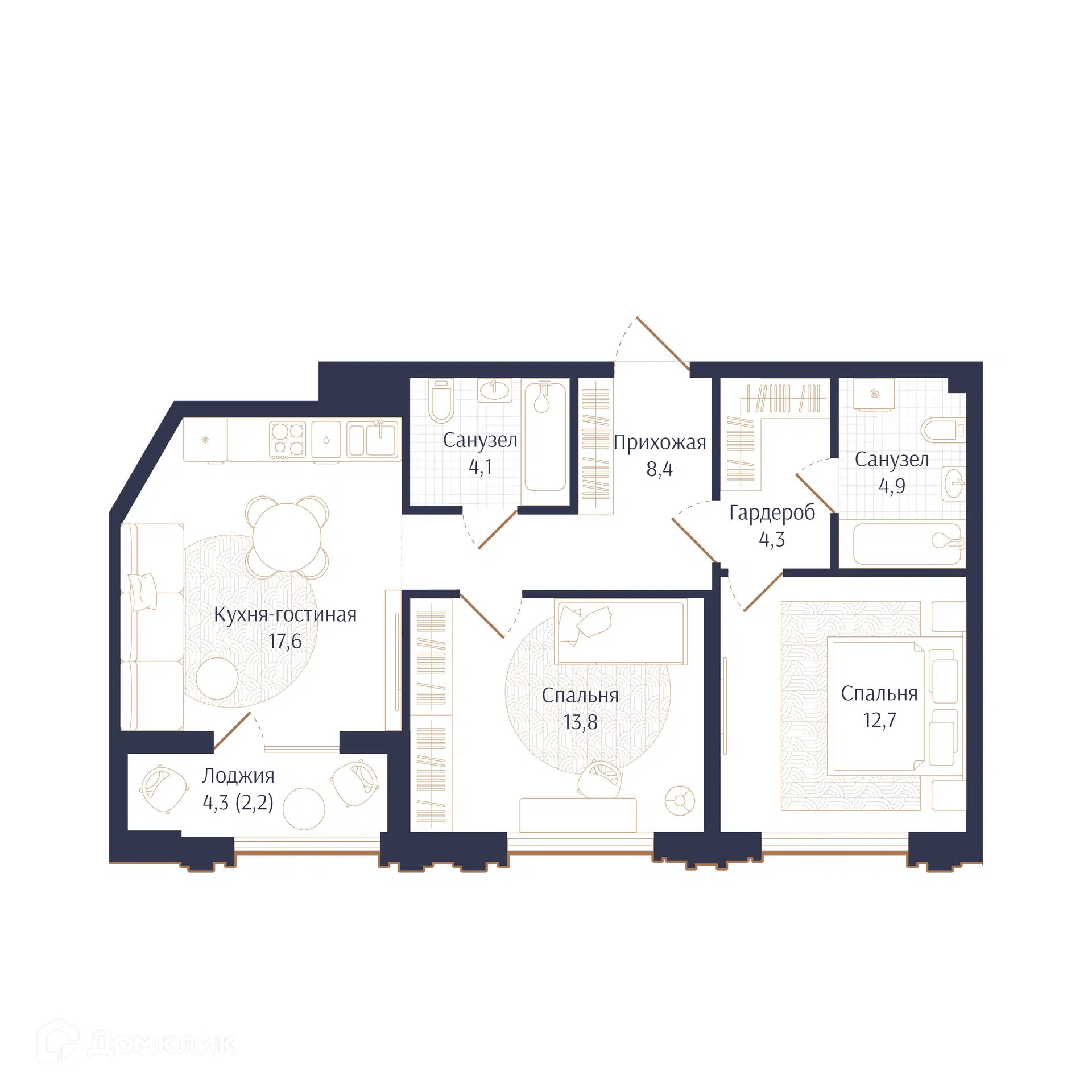 Планировка: 2-комн. квартира 68.00 м² в новостройке Брют Резиденс