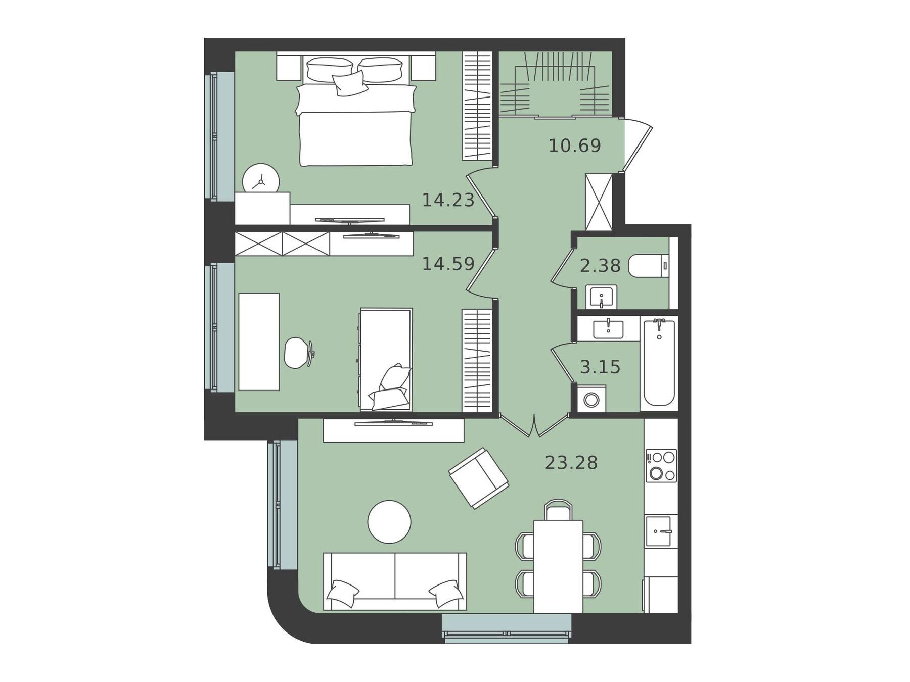 Планировка: 2-комн. квартира 68.32 м² в новостройке Мишино-2