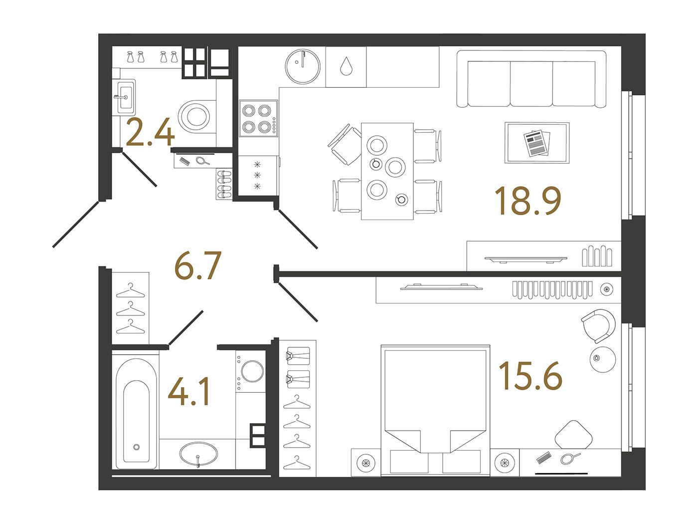 Планировка: 1-комн. квартира 47.70 м² в новостройке Визионер