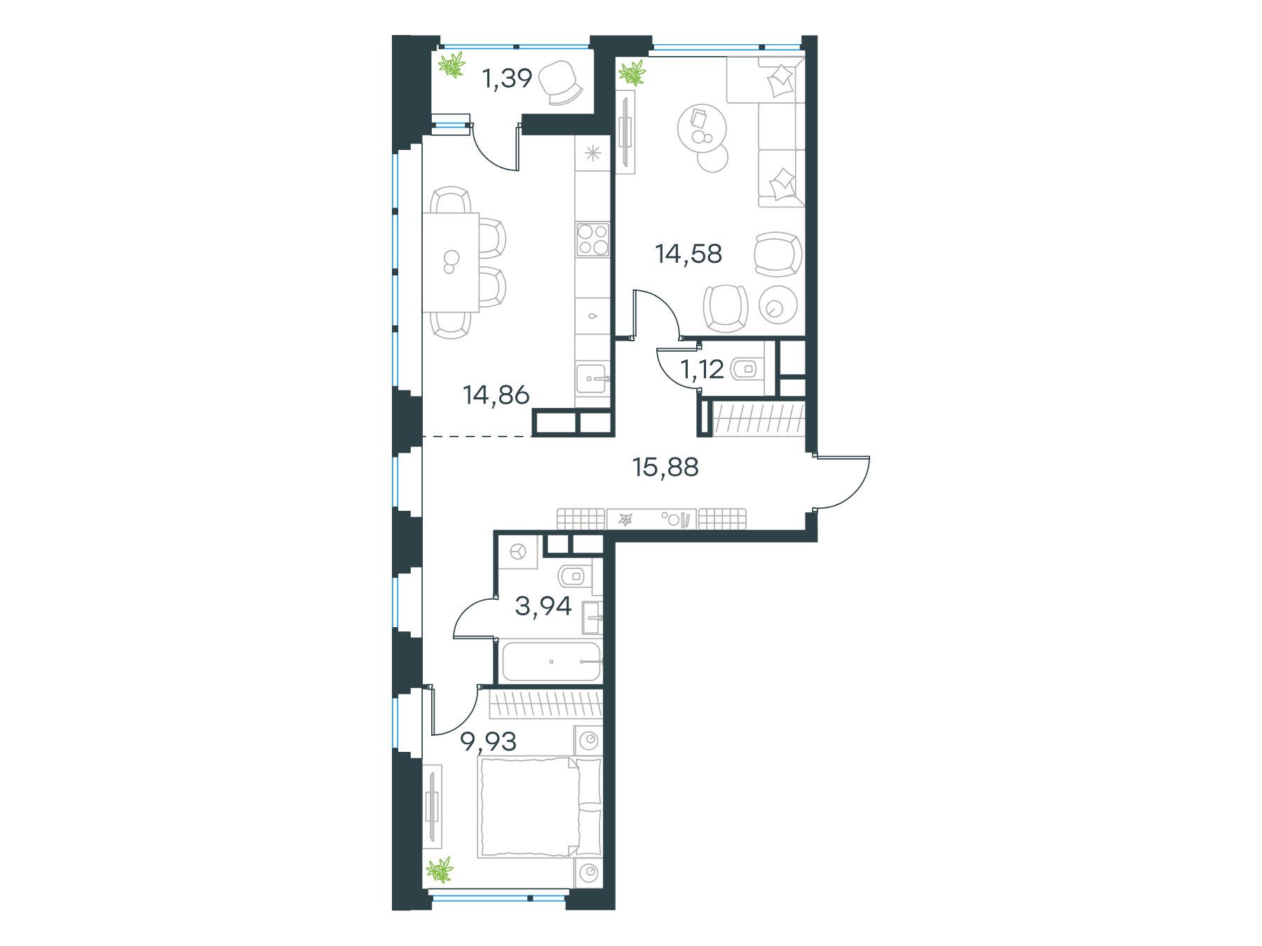Планировка: 2-комн. квартира 61.70 м² в новостройке Левел Лесной