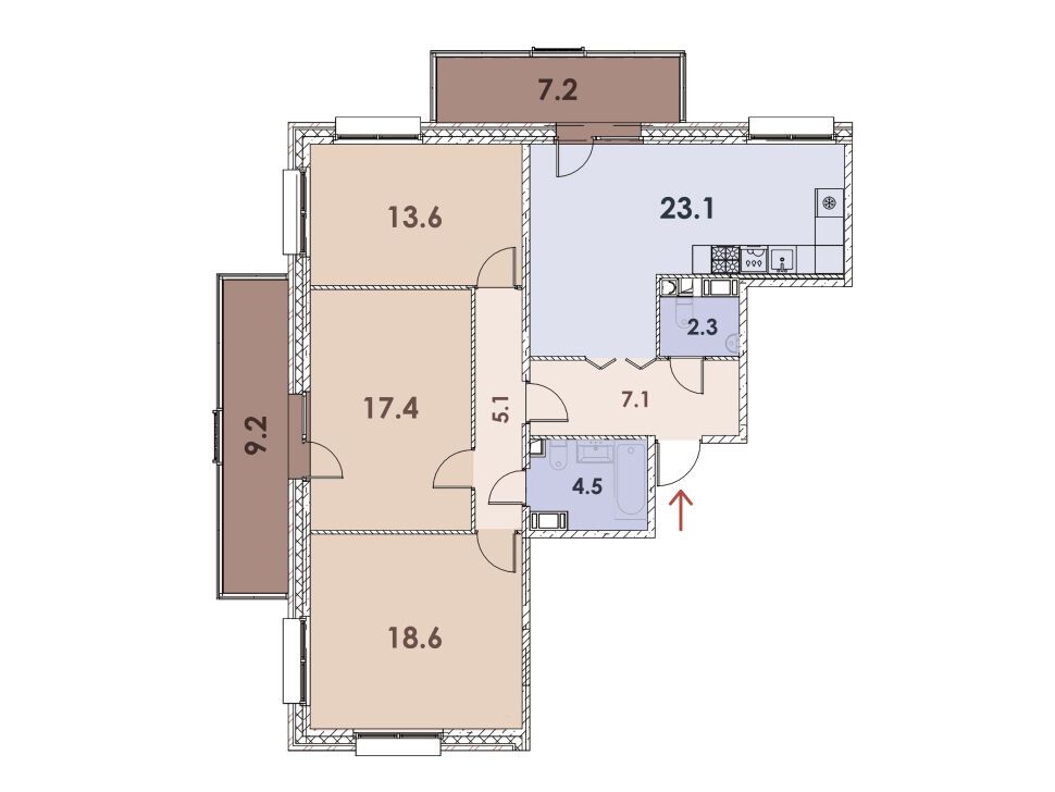 Планировка: 3-комн. квартира 96.70 м² в новостройке Лофт у озера