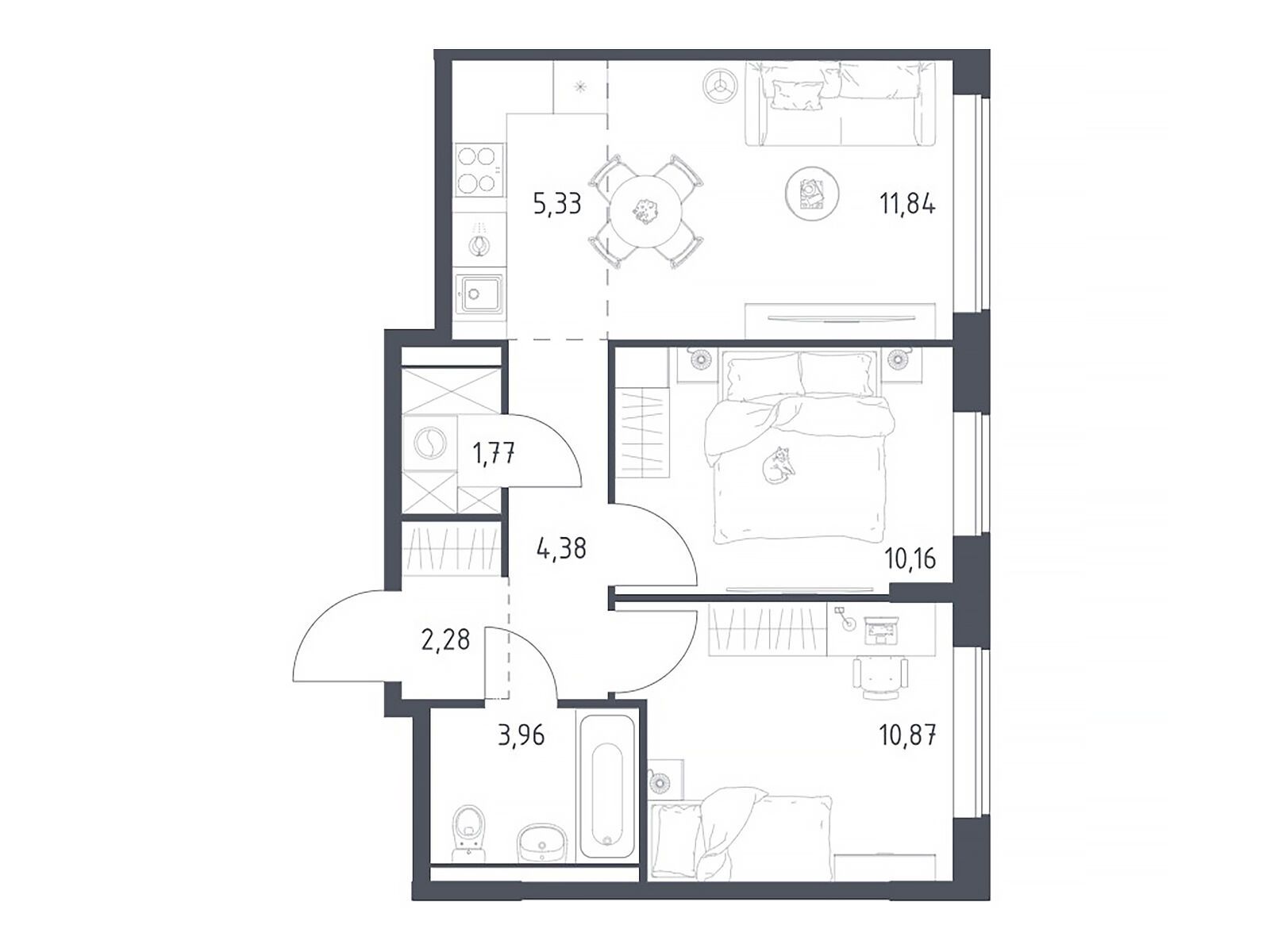Планировка: 2-комн. квартира 50.59 м² в новостройке Прибрежный Парк