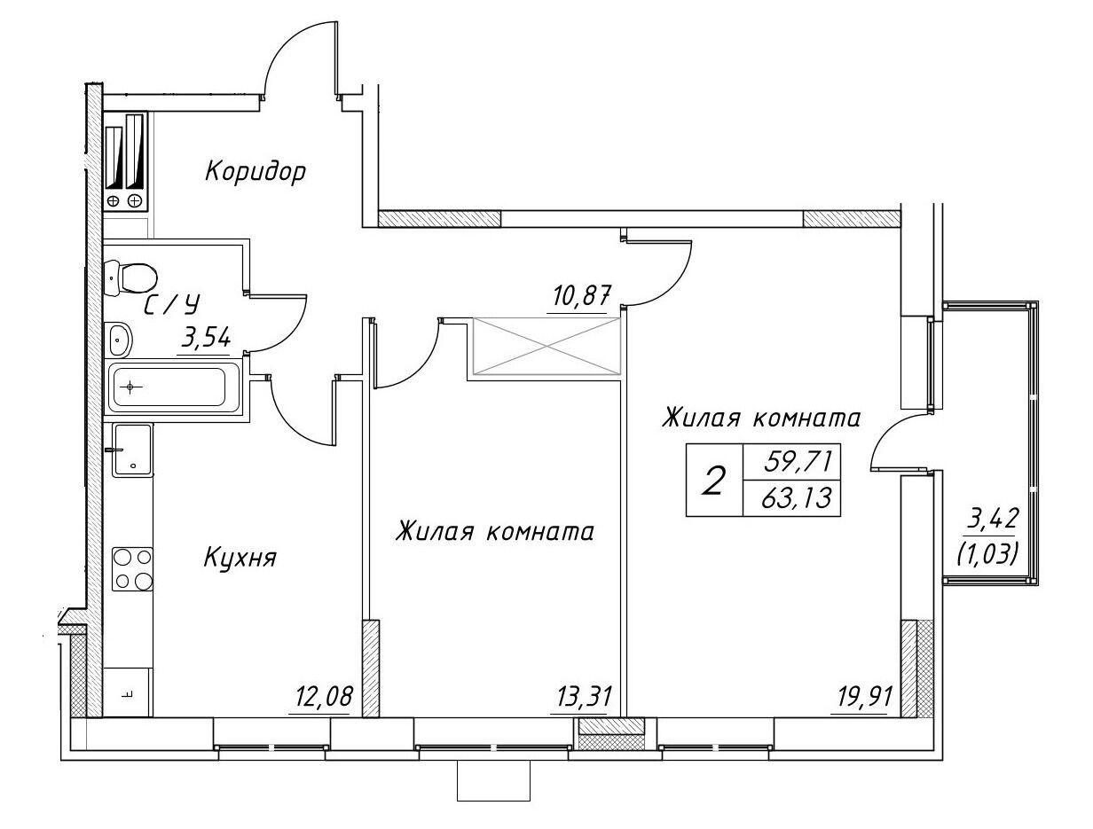 Планировка: 2-комн. квартира 63.13 м² в новостройке Большевик (Дмитров)