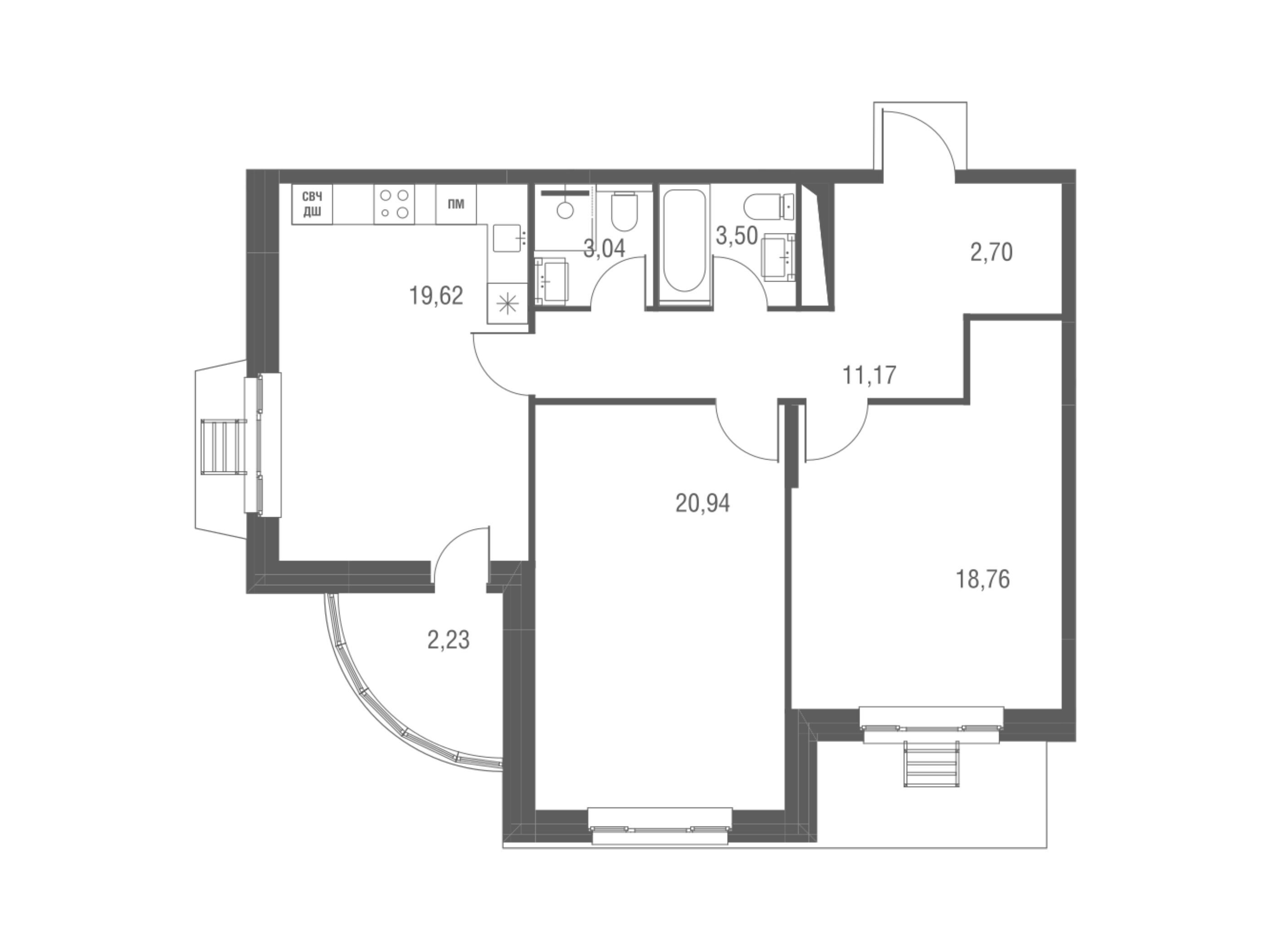 Планировка: 2-комн. квартира 82.20 м² в новостройке Одинбург