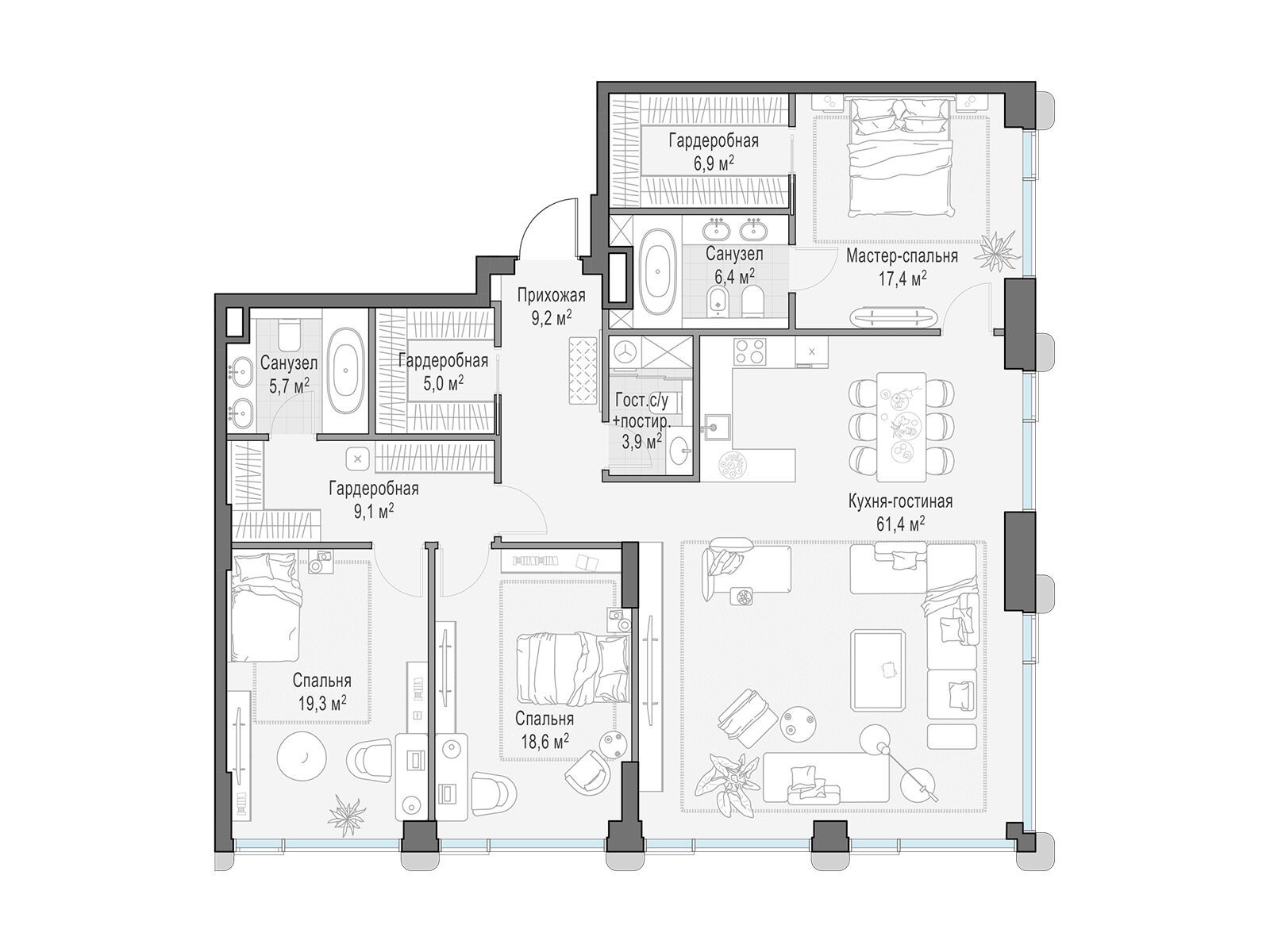 Планировка: 3-комн. квартира 166.20 м² в новостройке Палашёвский 11