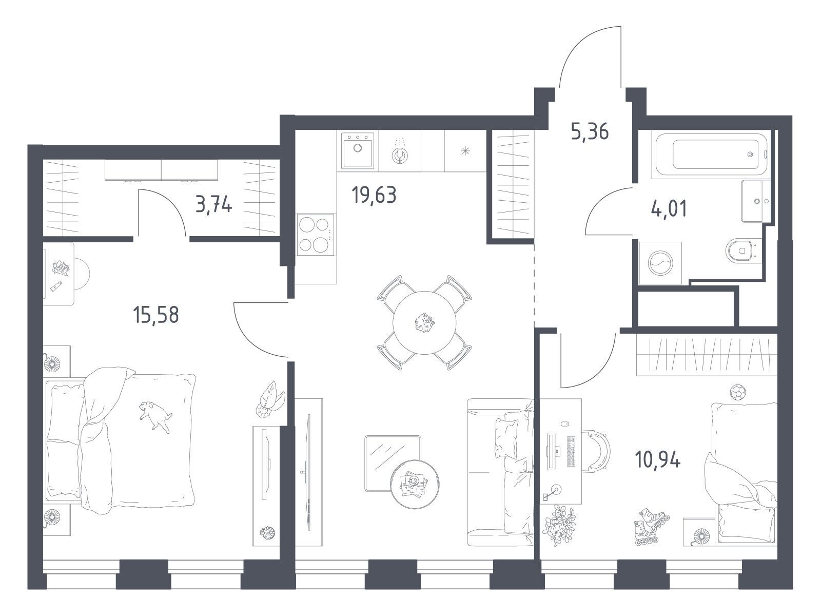 Планировка: 2-комн. квартира 59.26 м² в новостройке Квартал на воде