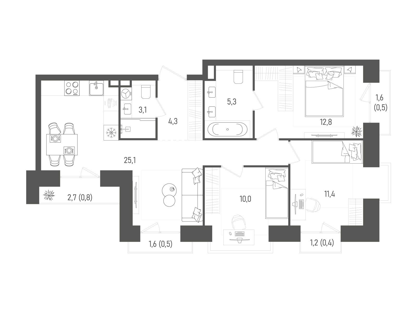 Планировка: 3-комн. квартира 74.20 м² в новостройке Татум