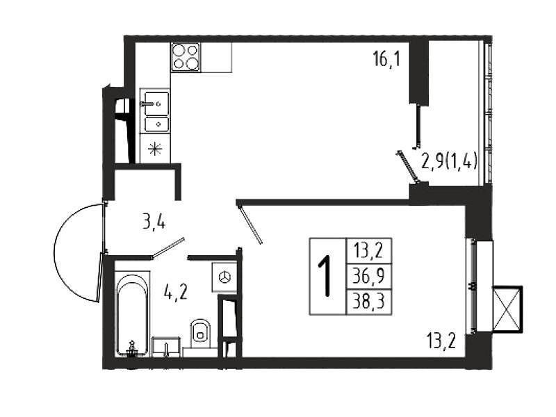 Планировка: 1-комн. квартира 38.30 м² в новостройке Берег