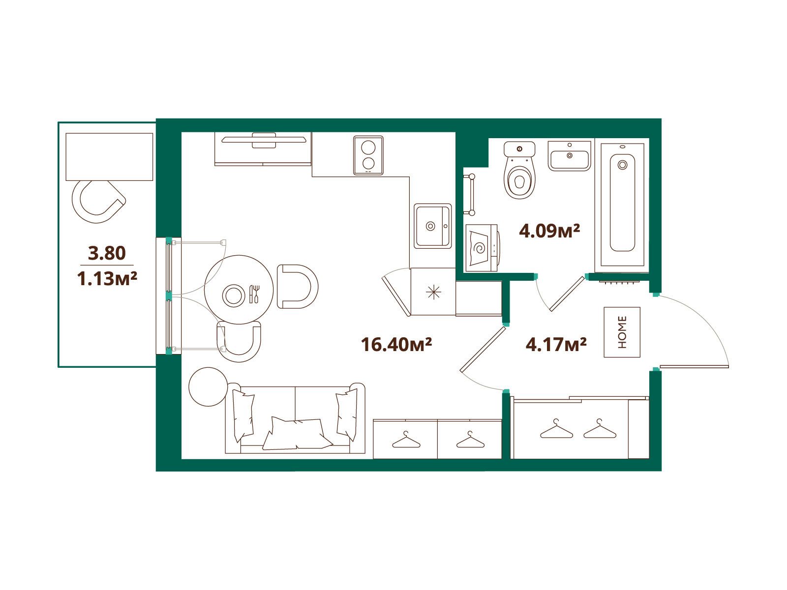 Планировка: Студия 25.79 м² в новостройке ЛесАрт