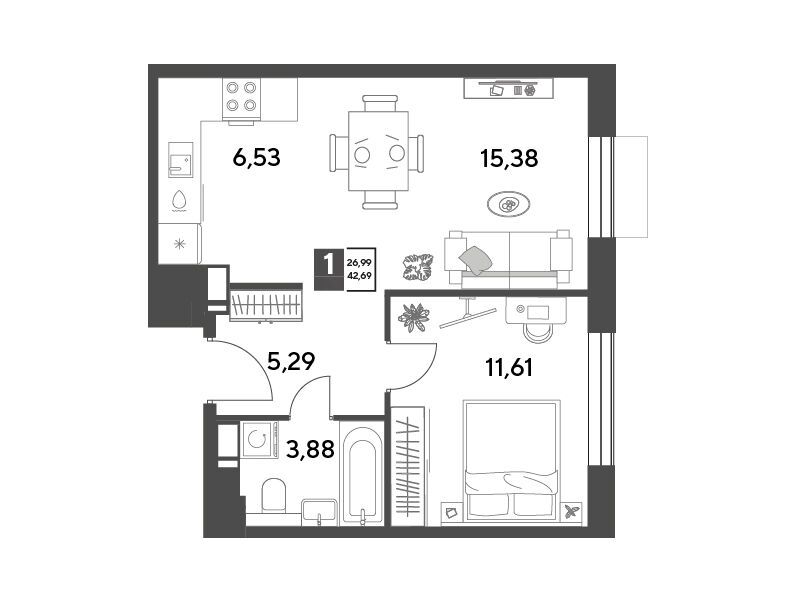 Планировка: 1-комн. квартира 42.69 м² в новостройке Публицист