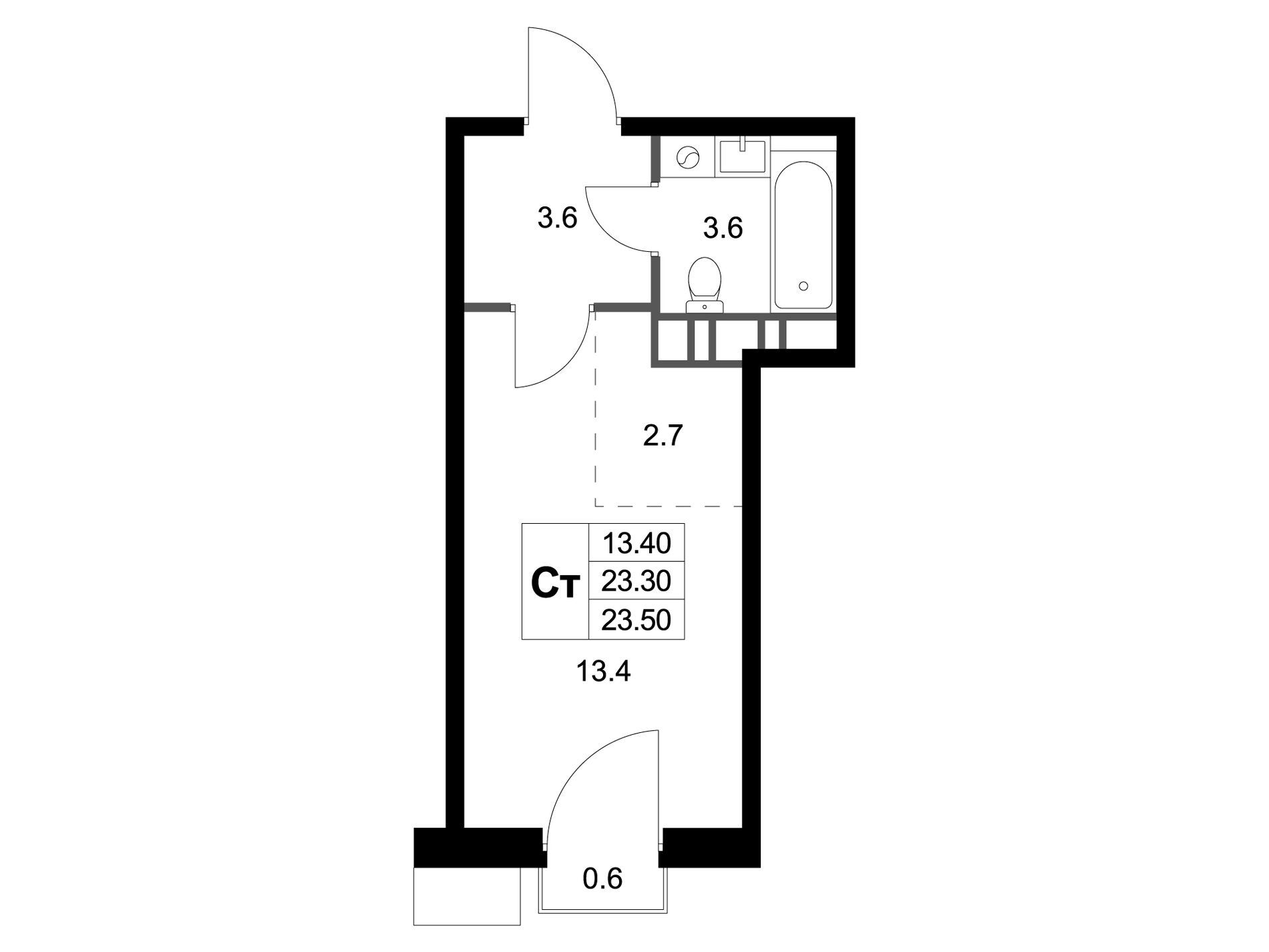 Планировка: Студия 23.50 м² в новостройке Легенда Марусино
