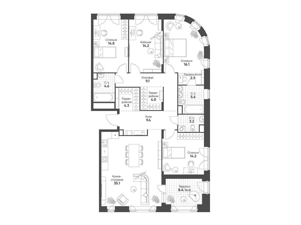 Планировка: 4-комн. квартира 141.10 м² в новостройке Мариин Парк