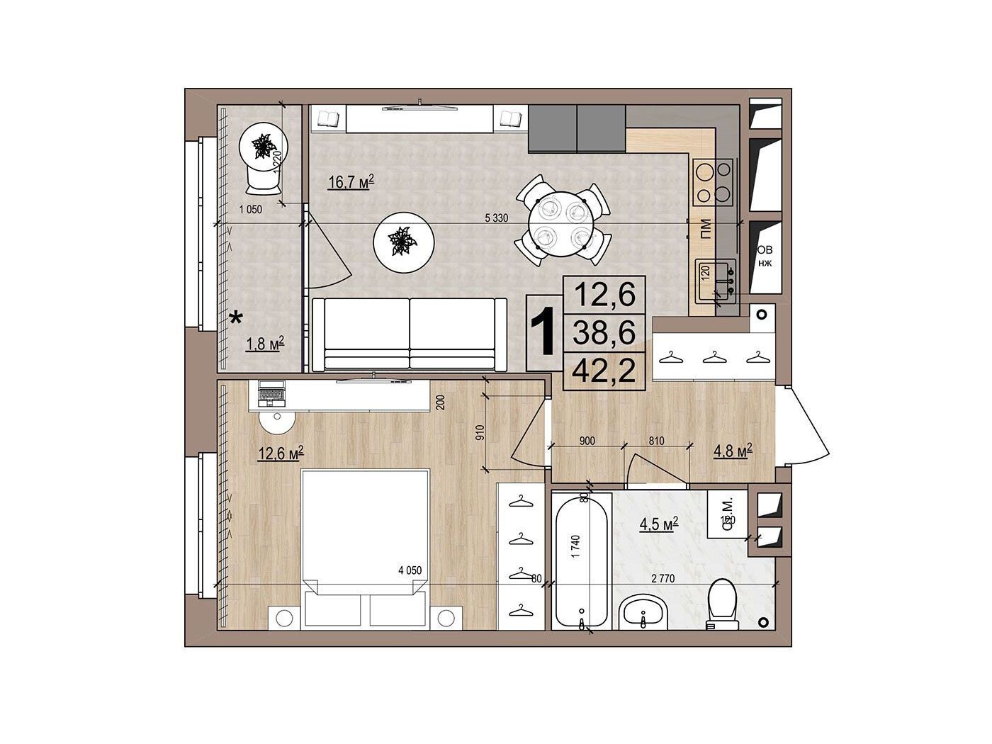 Планировка: 1-комн. квартира 42.20 м² в новостройке Гранд Комфорт