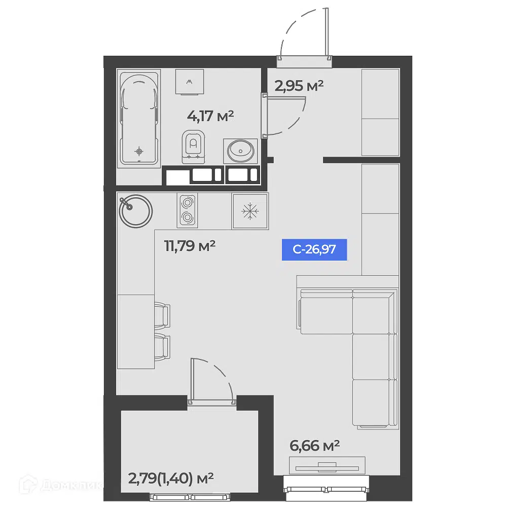 Планировка: Студия 26.97 м² в новостройке Соловей
