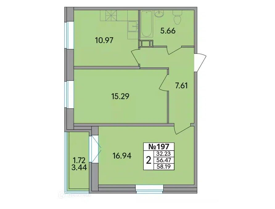 Планировка: 2-комн. квартира 58.10 м² в новостройке Рождественский квартал