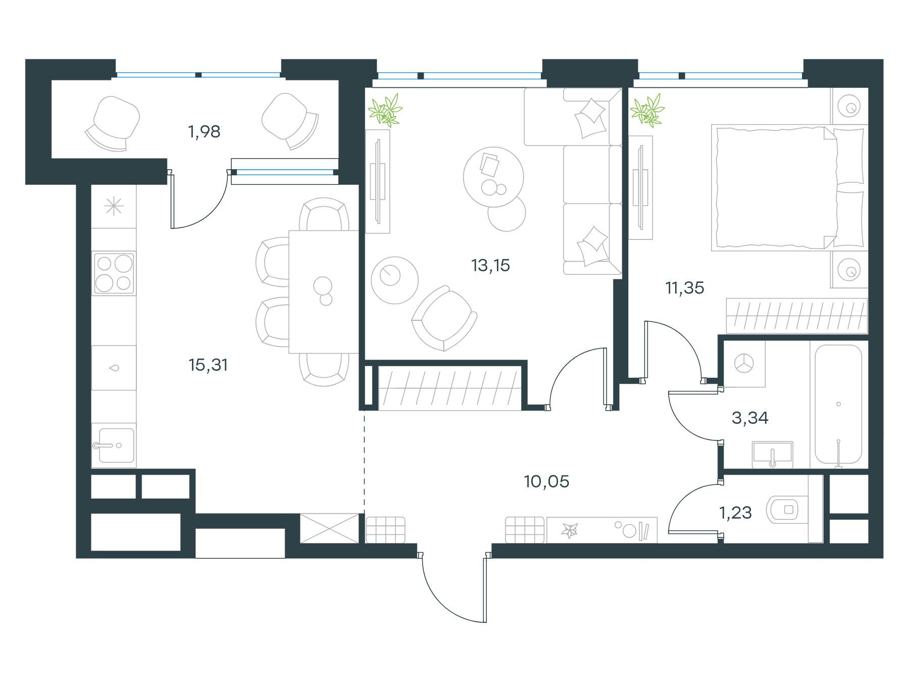 Планировка: 2-комн. квартира 56.40 м² в новостройке Левел Лесной