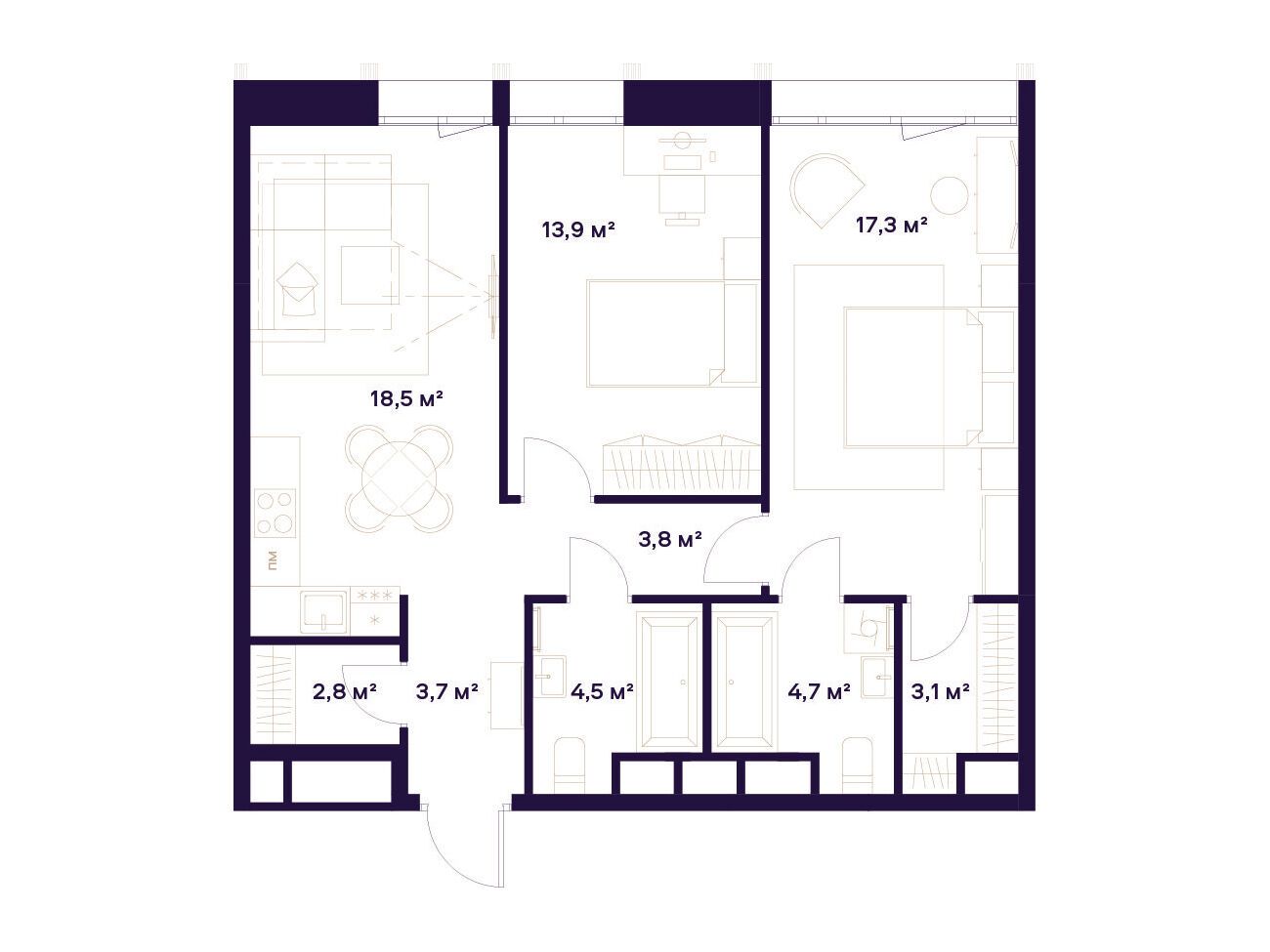 Планировка: 2-комн. квартира 72.30 м² в новостройке Союз