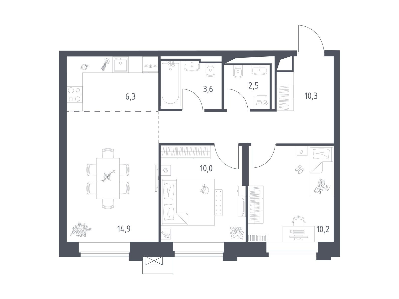 Планировка: 2-комн. квартира 57.85 м² в новостройке Верейская 41
