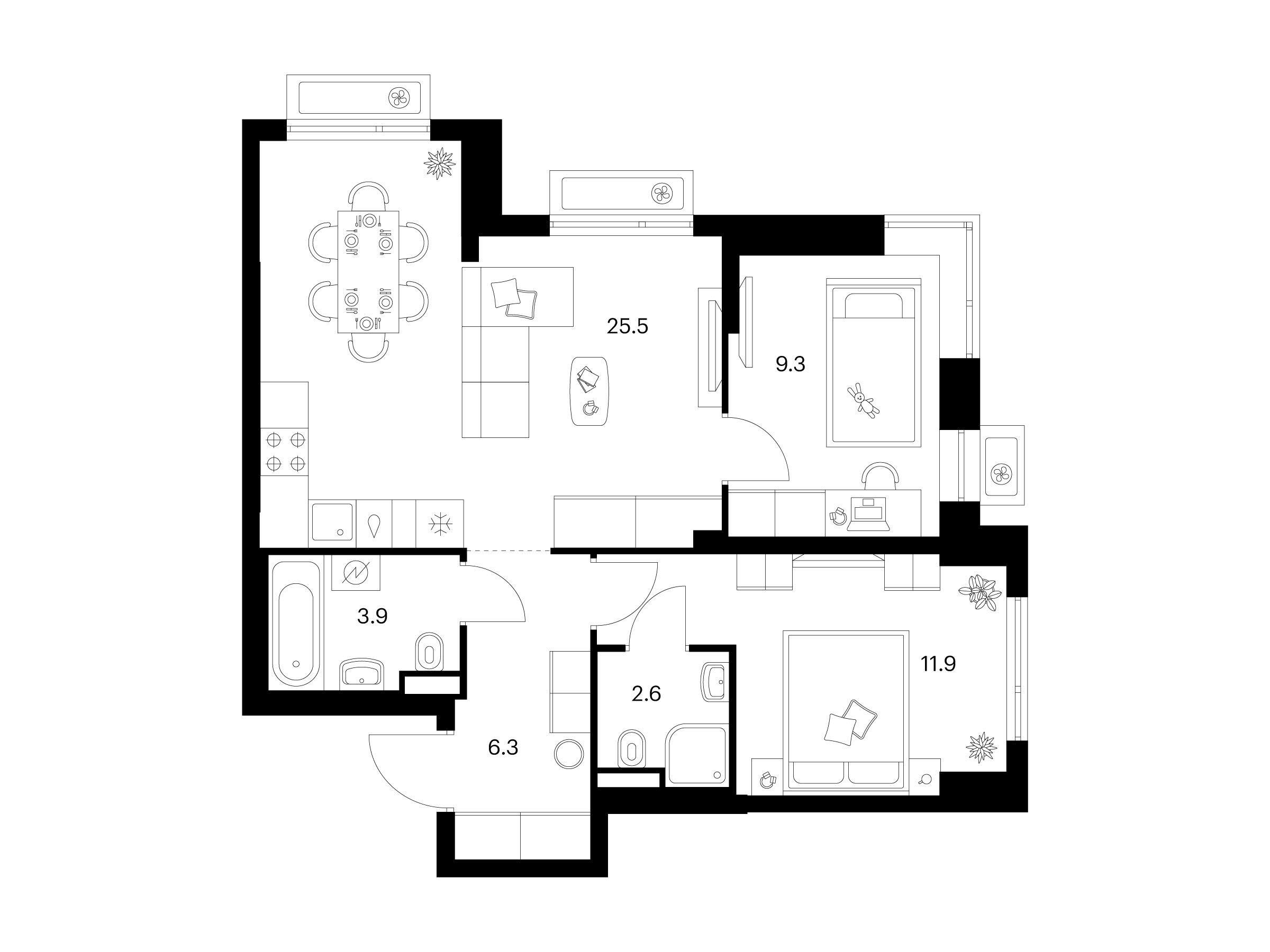 Планировка: 2-комн. квартира 59.50 м² в новостройке Середневский лес