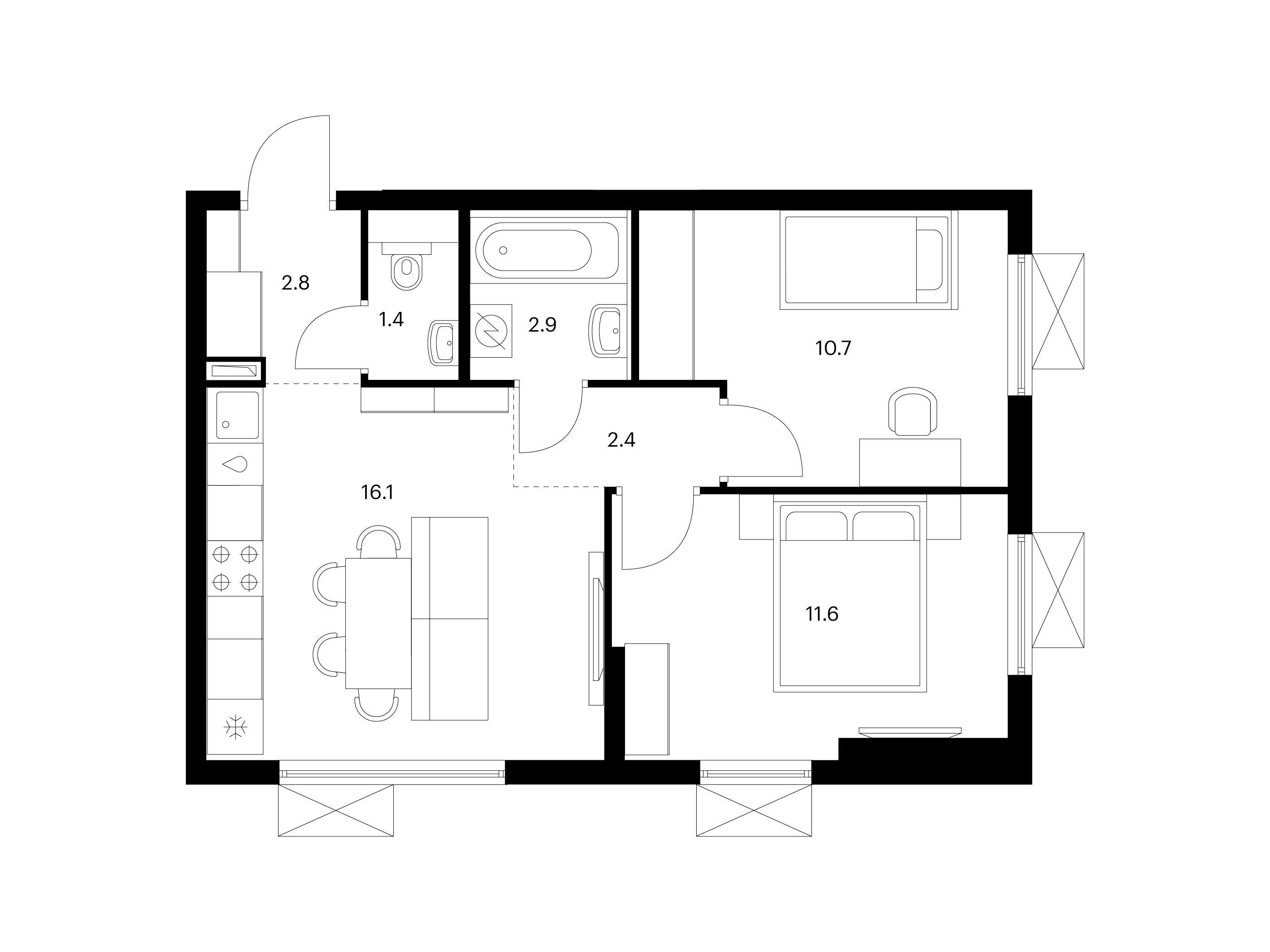 Планировка: 2-комн. квартира 47.90 м² в новостройке Яуза парк
