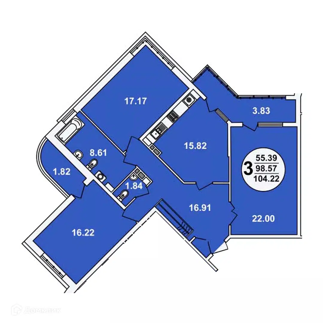 Планировка: 3-комн. квартира 104.22 м² в новостройке Краснодар Сити