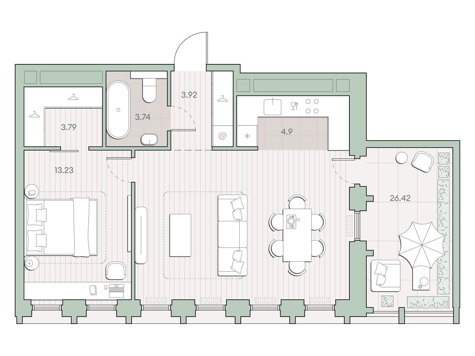 Планировка: 1-комн. квартира 59.36 м² в новостройке Среда на Кутузовском