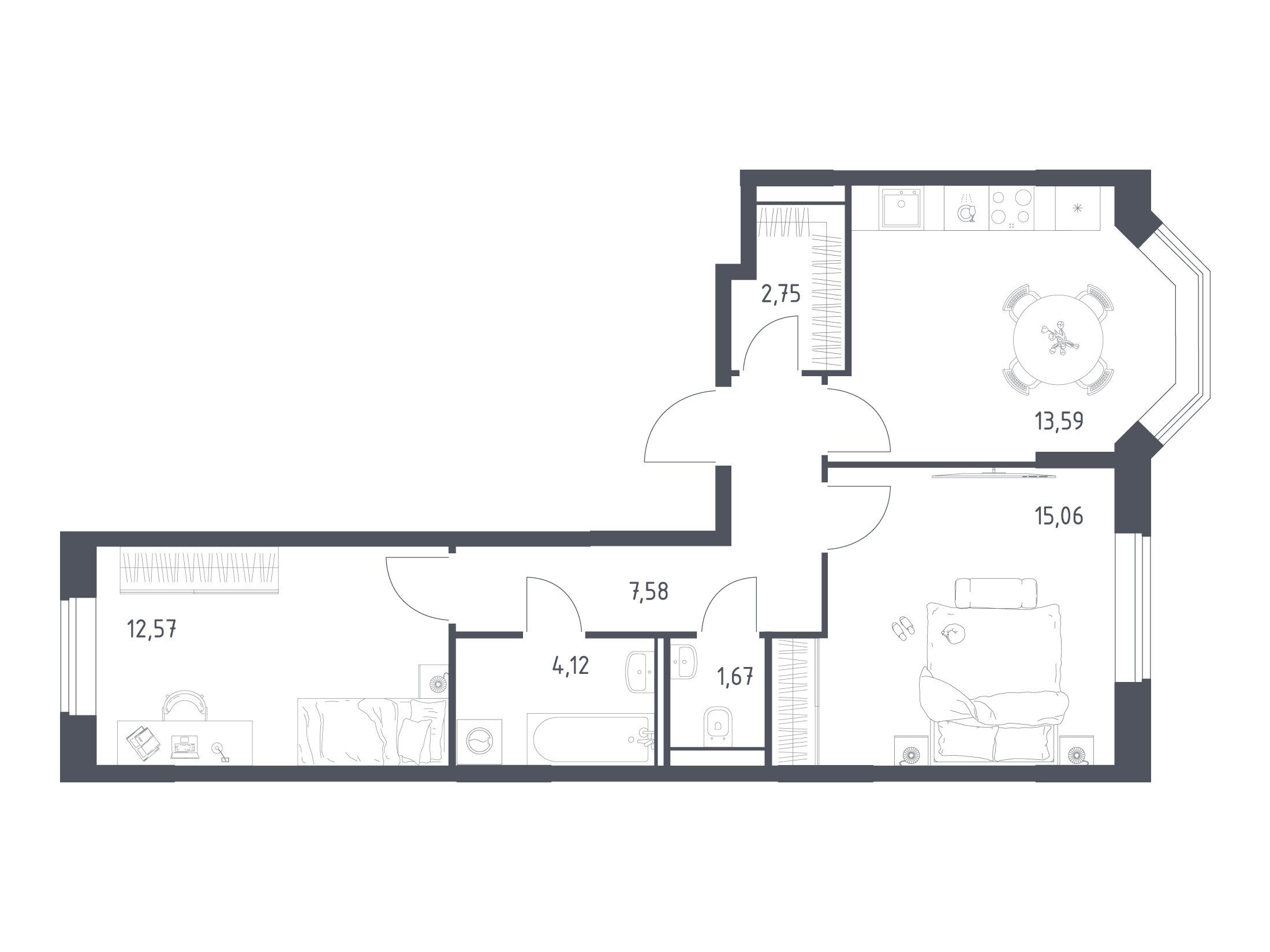 Планировка: 2-комн. квартира 57.34 м² в новостройке Квартал Домашний