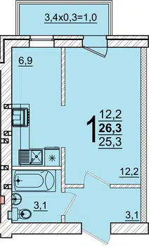 Планировка: 1-комн. квартира 26.30 м² в новостройке ЖК Дарград