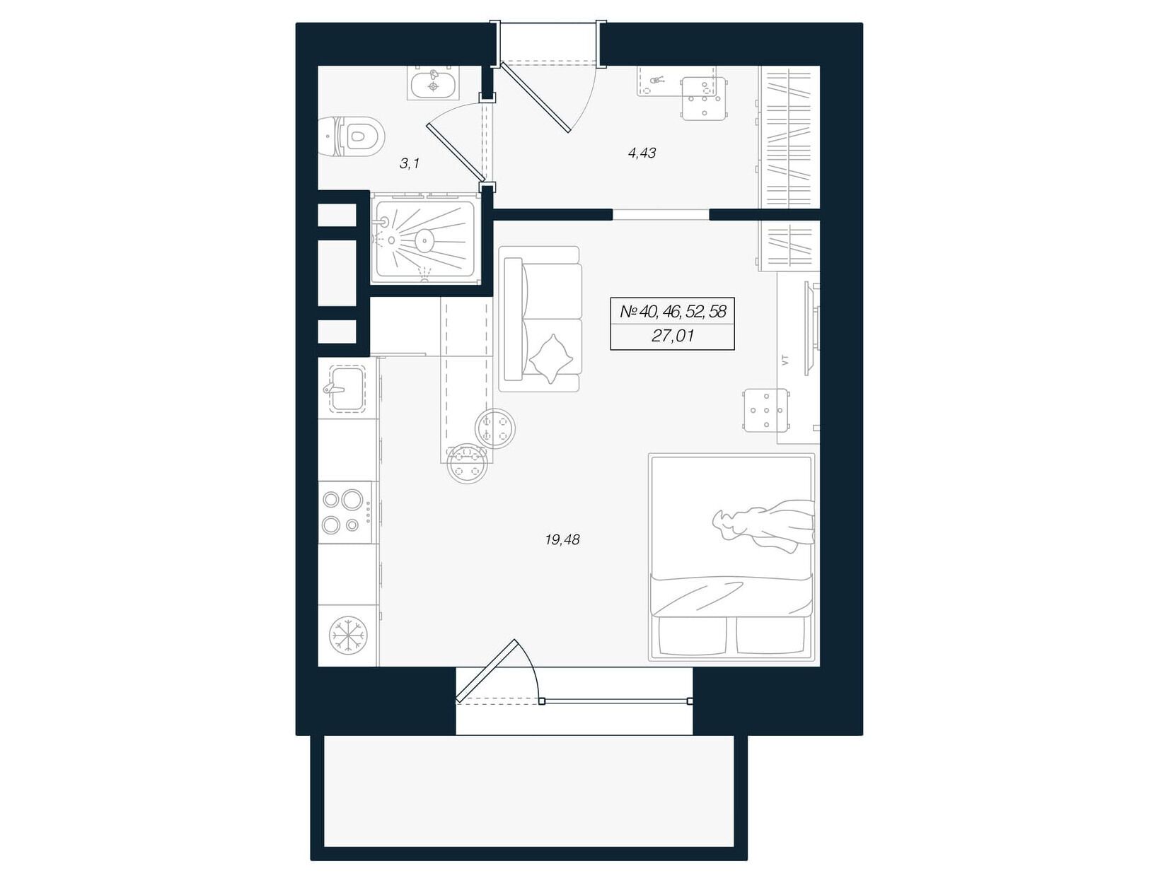 Планировка: Студия 28.63 м² в новостройке Феникс Рощино