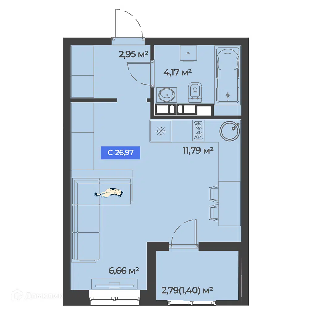 Планировка: Студия 26.97 м² в новостройке Соловей