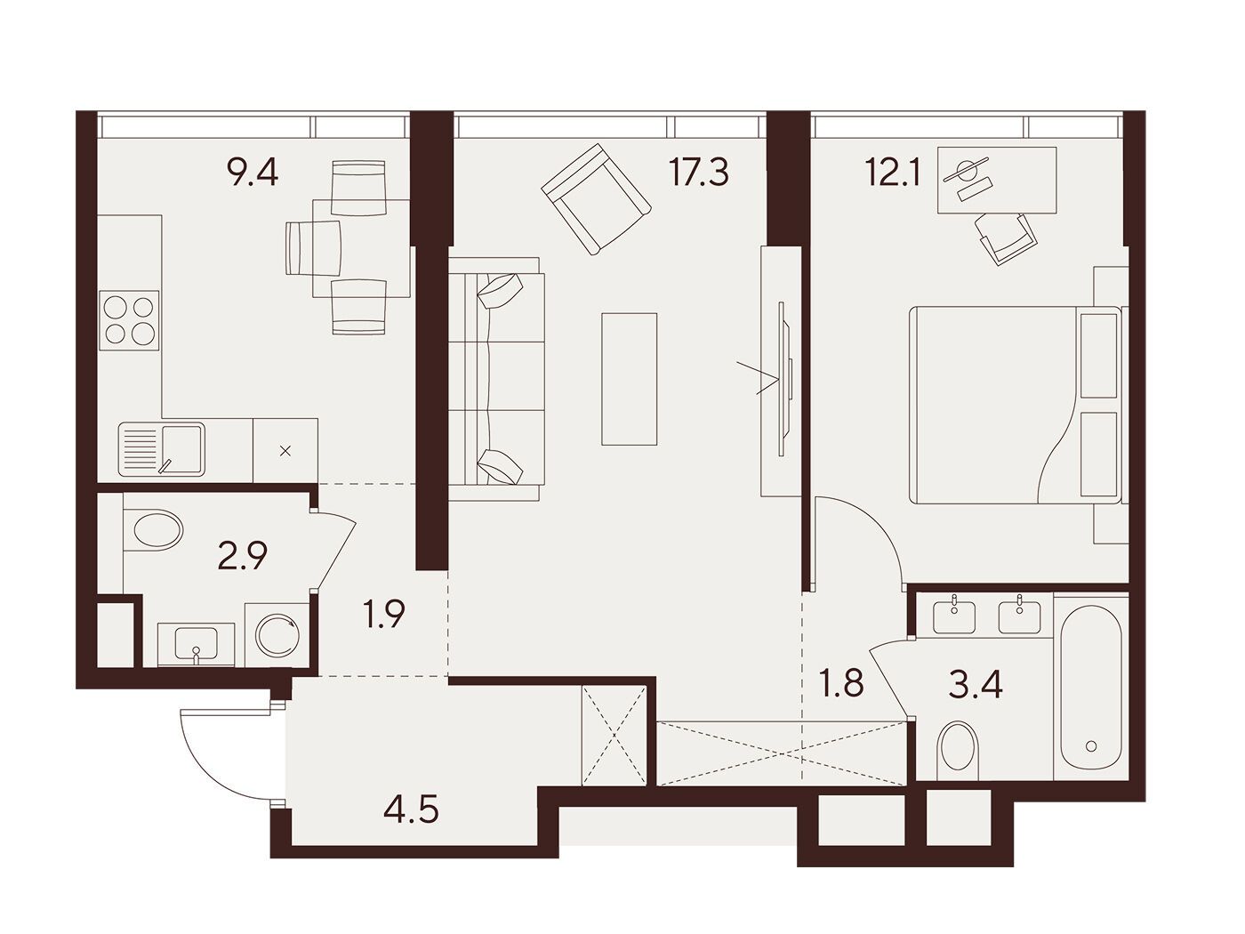 Планировка: 2-комн. квартира 53.30 м² в новостройке Инди Тауэрз