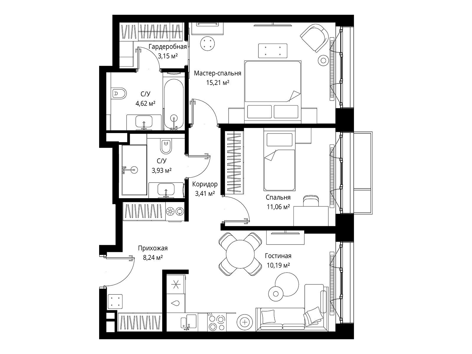 Планировка: 2-комн. квартира 66.02 м² в новостройке Мыс