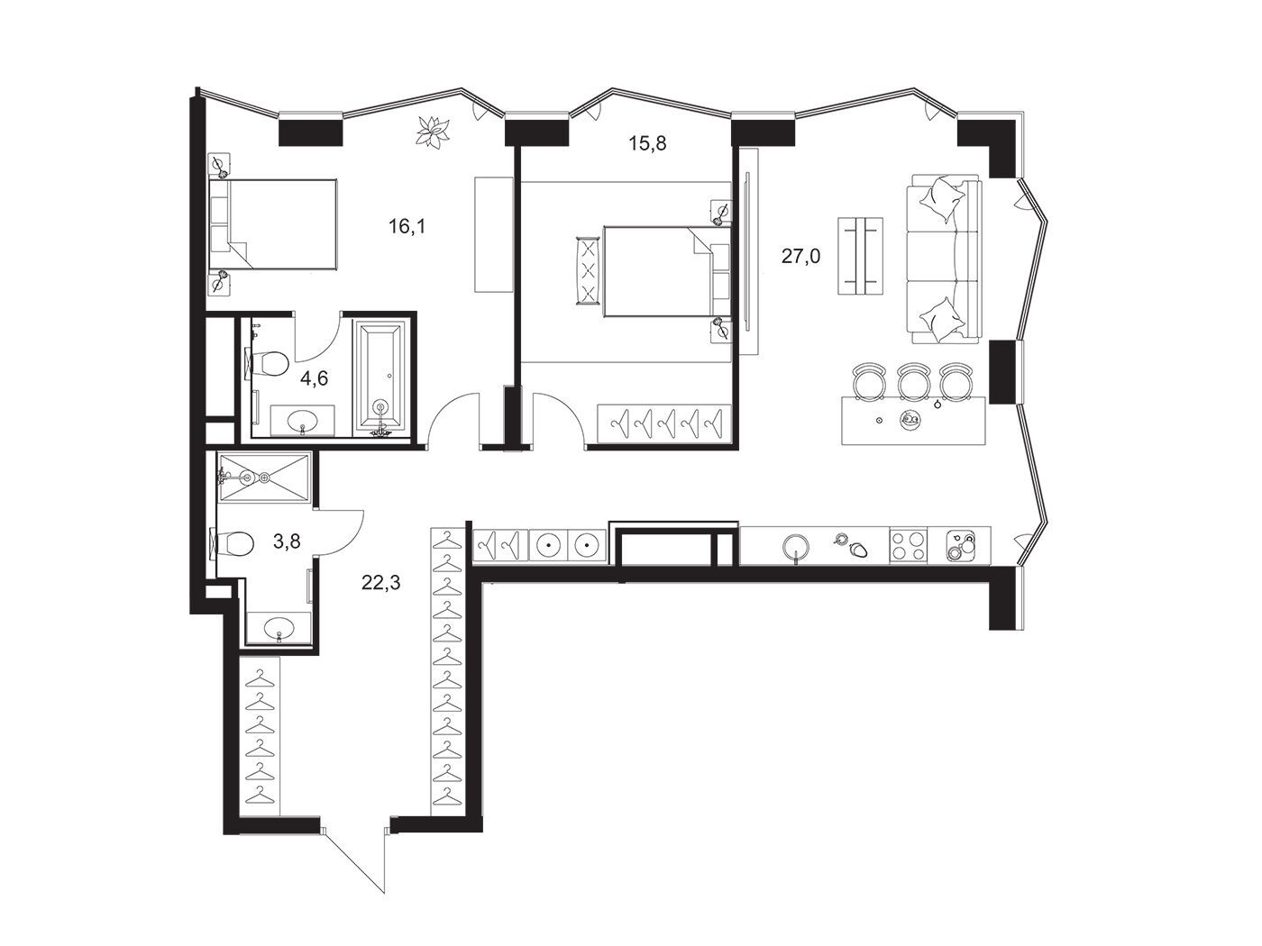 Планировка: 2-комн. квартира 89.60 м² в новостройке А.Резиденс