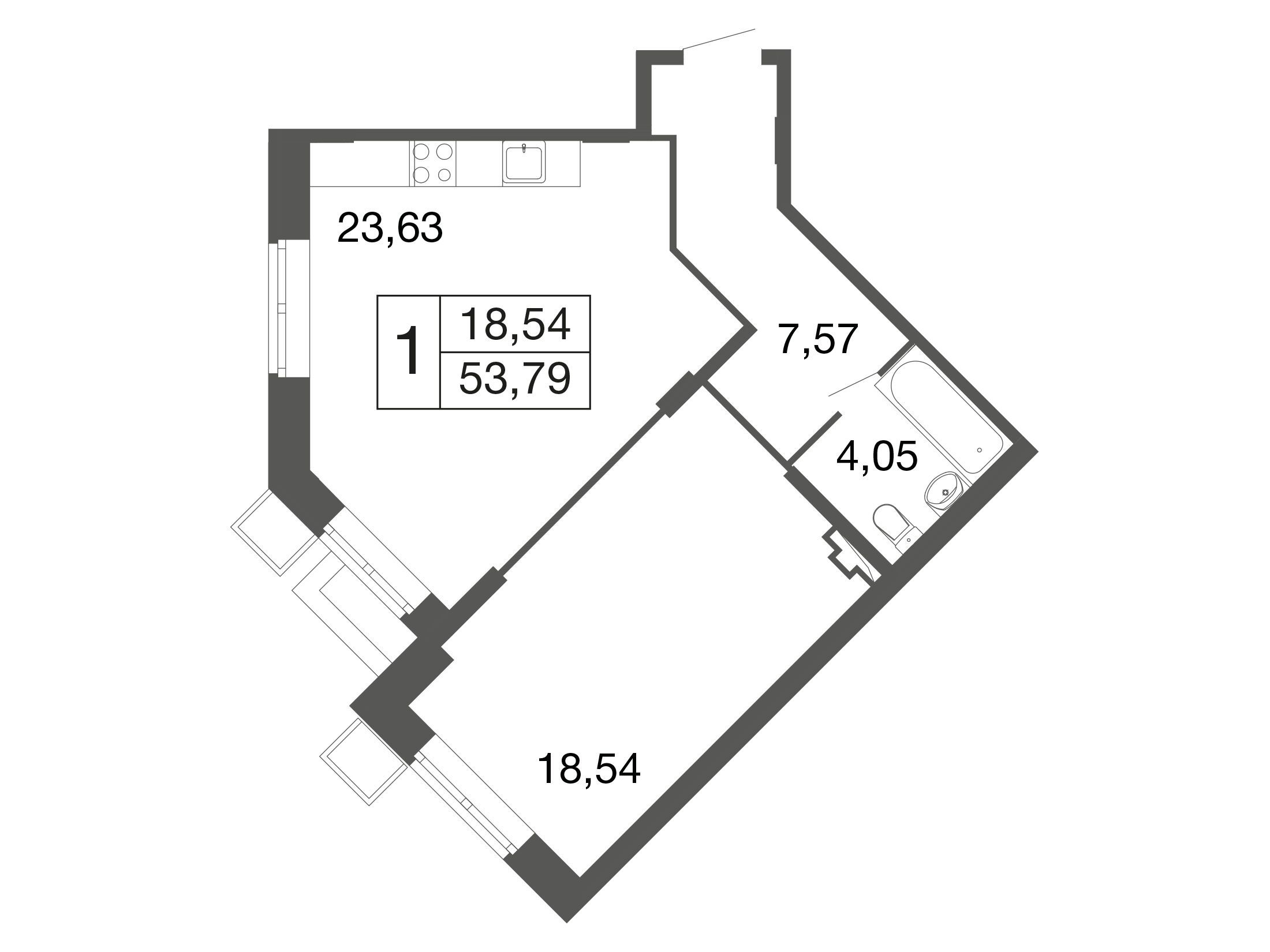 Планировка: 1-комн. квартира 53.80 м² в новостройке Времена года