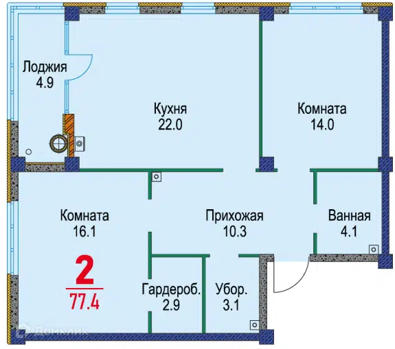 Планировка: 2-комн. квартира 77.40 м² в новостройке Красный Металлист