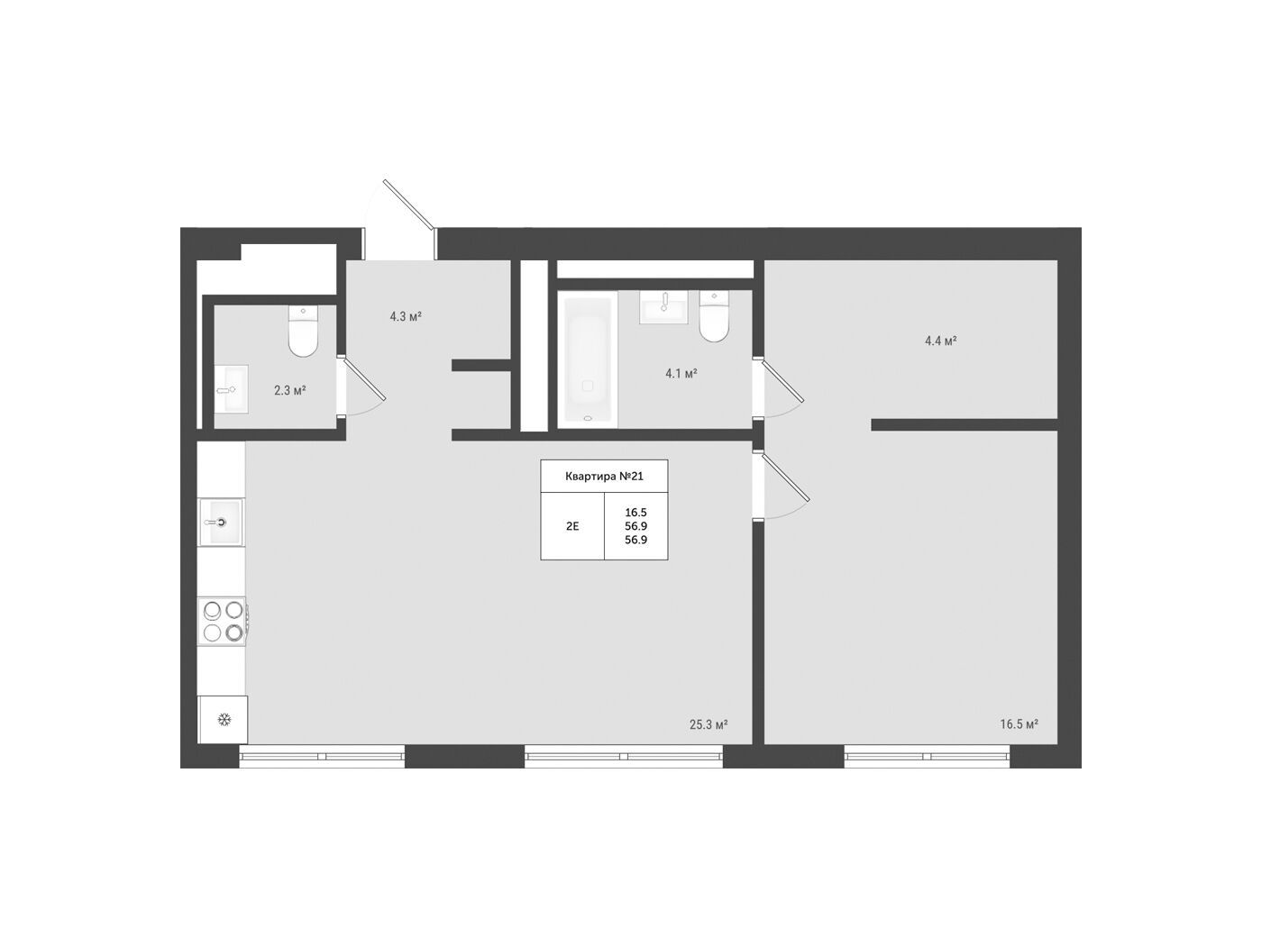 Планировка: 2-комн. квартира 56.90 м² в новостройке Яковлево