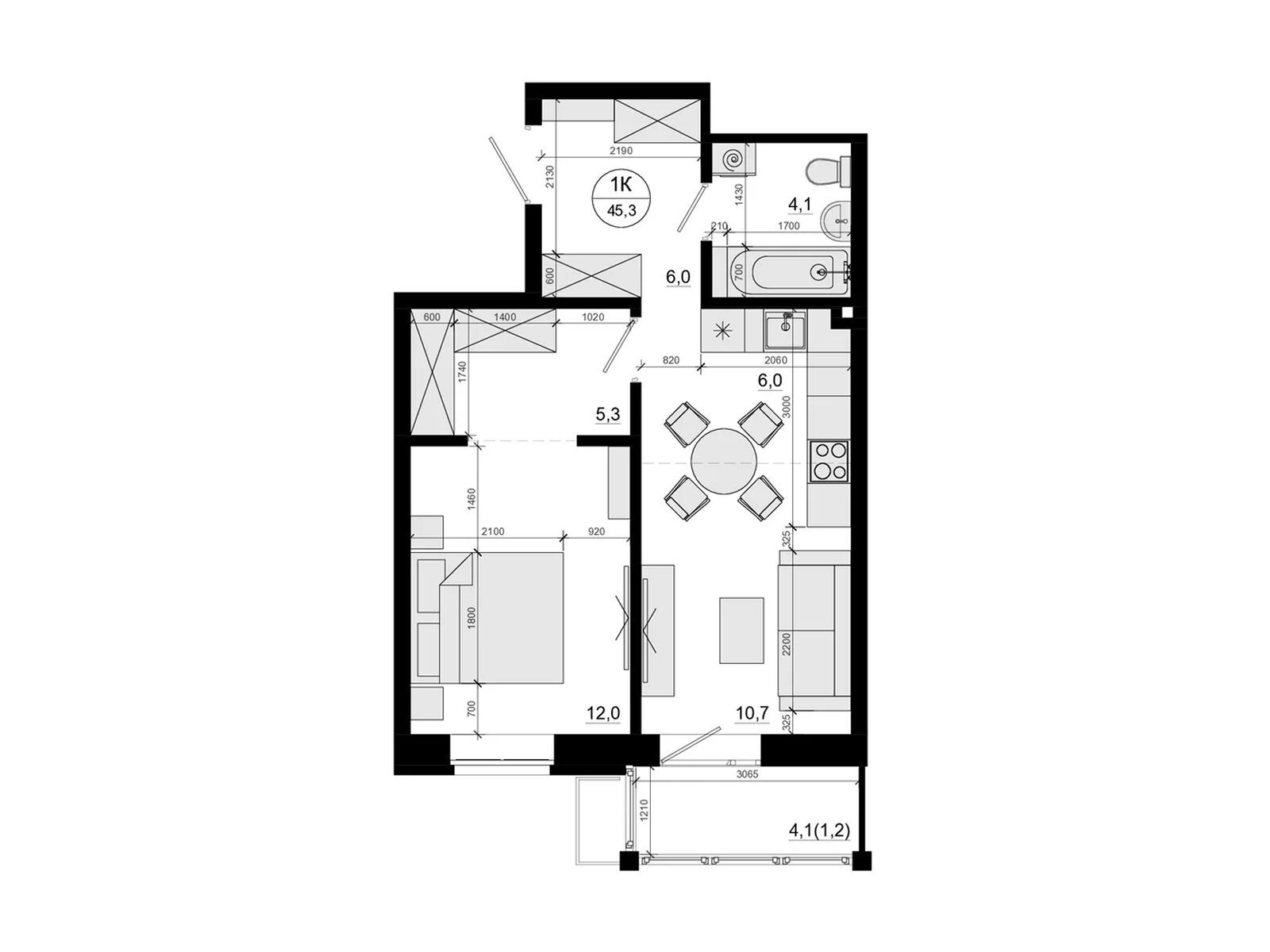 Планировка: 1-комн. квартира 45.30 м² в новостройке ЖК Союзный