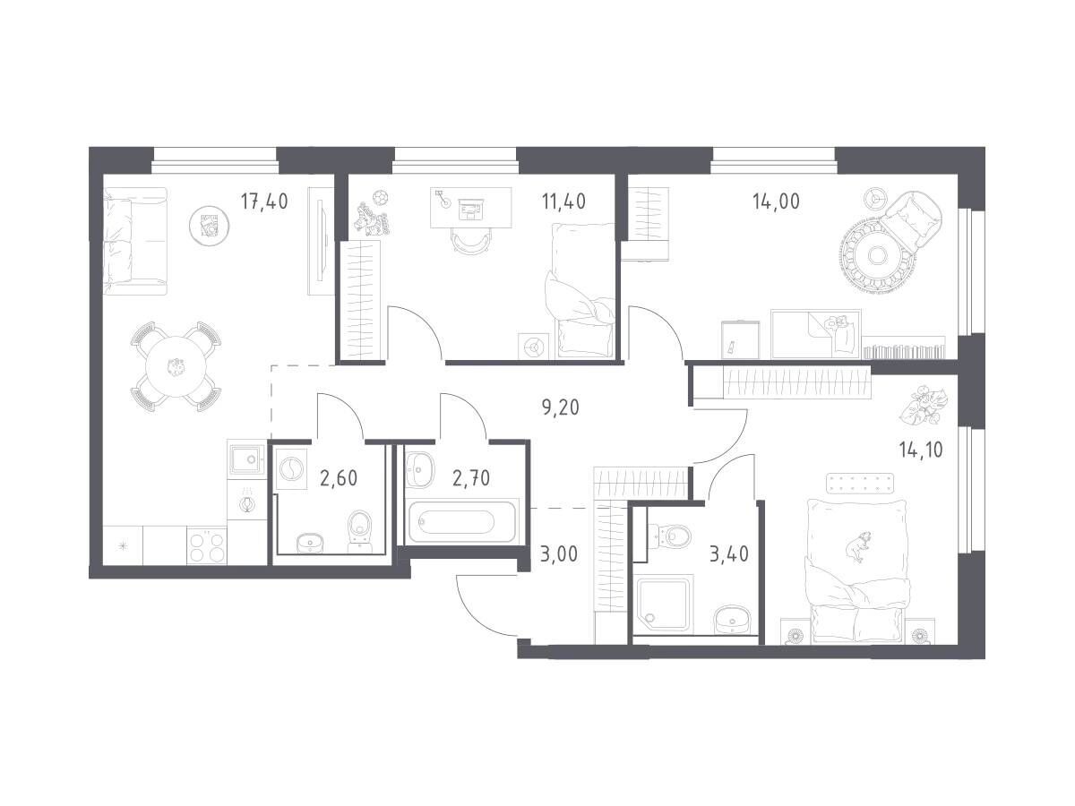 Планировка: 3-комн. квартира 77.80 м² в новостройке Химки парк