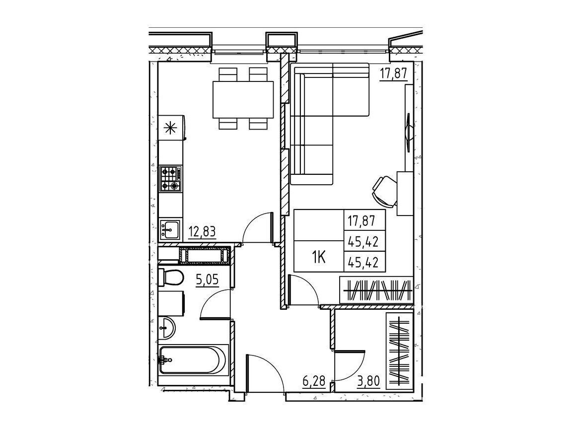 Планировка: 1-комн. квартира 45.42 м² в новостройке Бруно