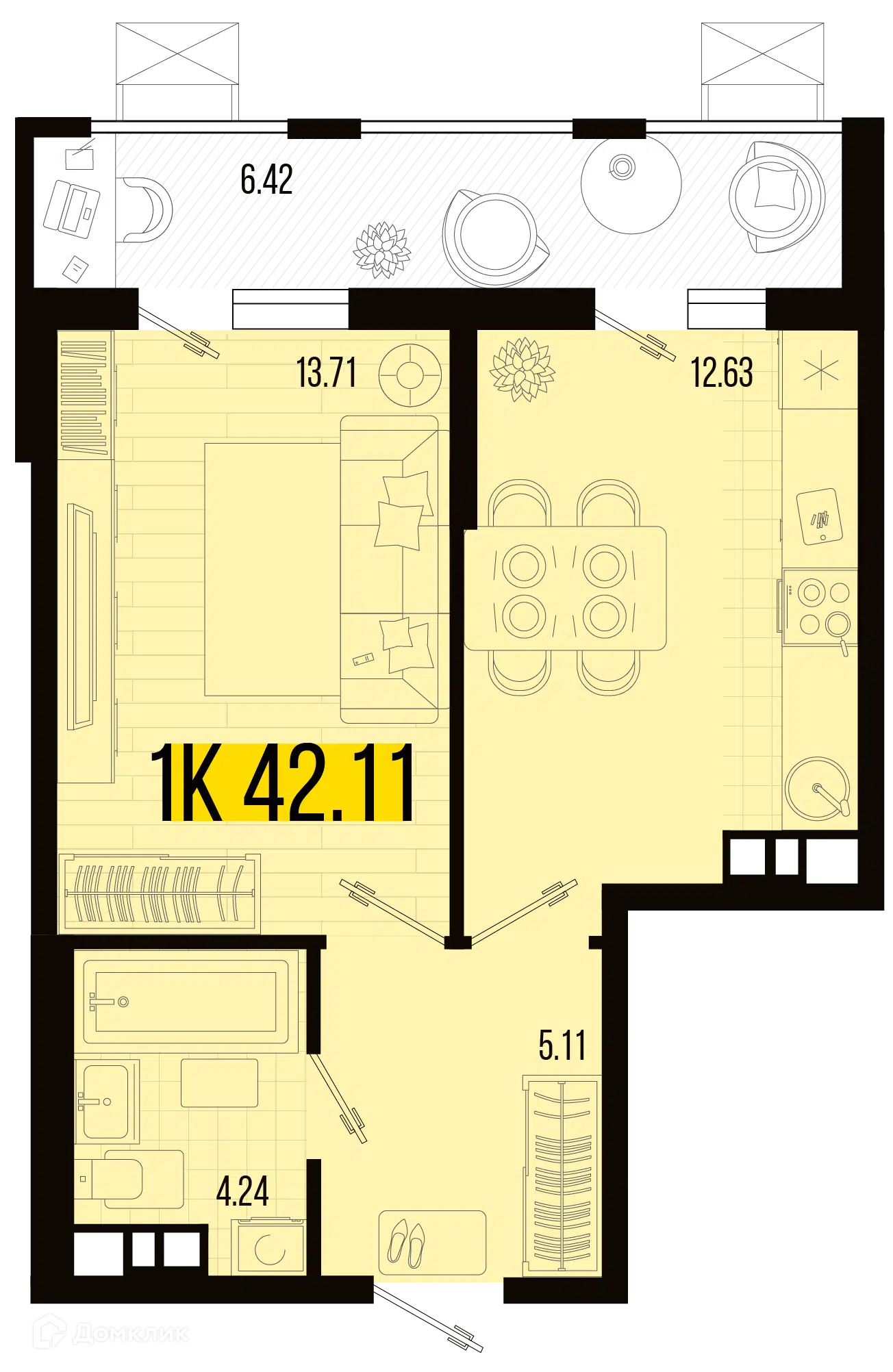 Планировка: 1-комн. квартира 38.90 м² в новостройке ЖК Цветной бульвар