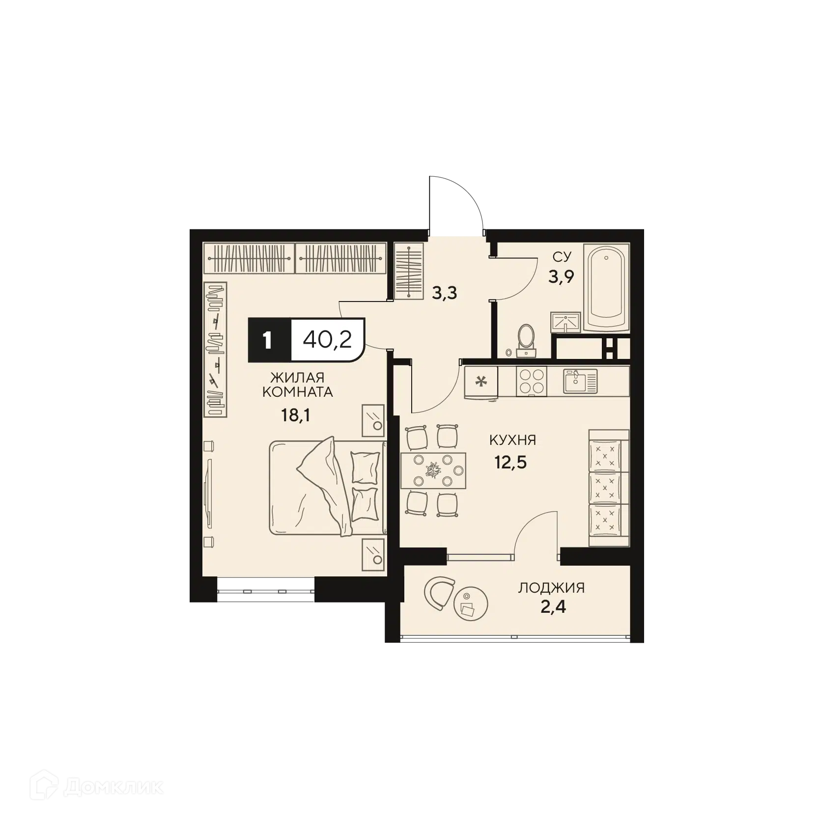 Планировка: 1-комн. квартира 40.20 м² в новостройке 18/3