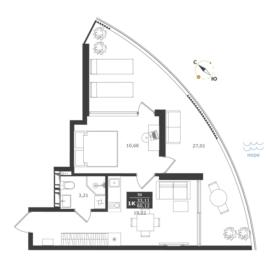 Планировка: 1-комн. квартира 60.12 м² в новостройке Апарт-комплекс Паруса мечты