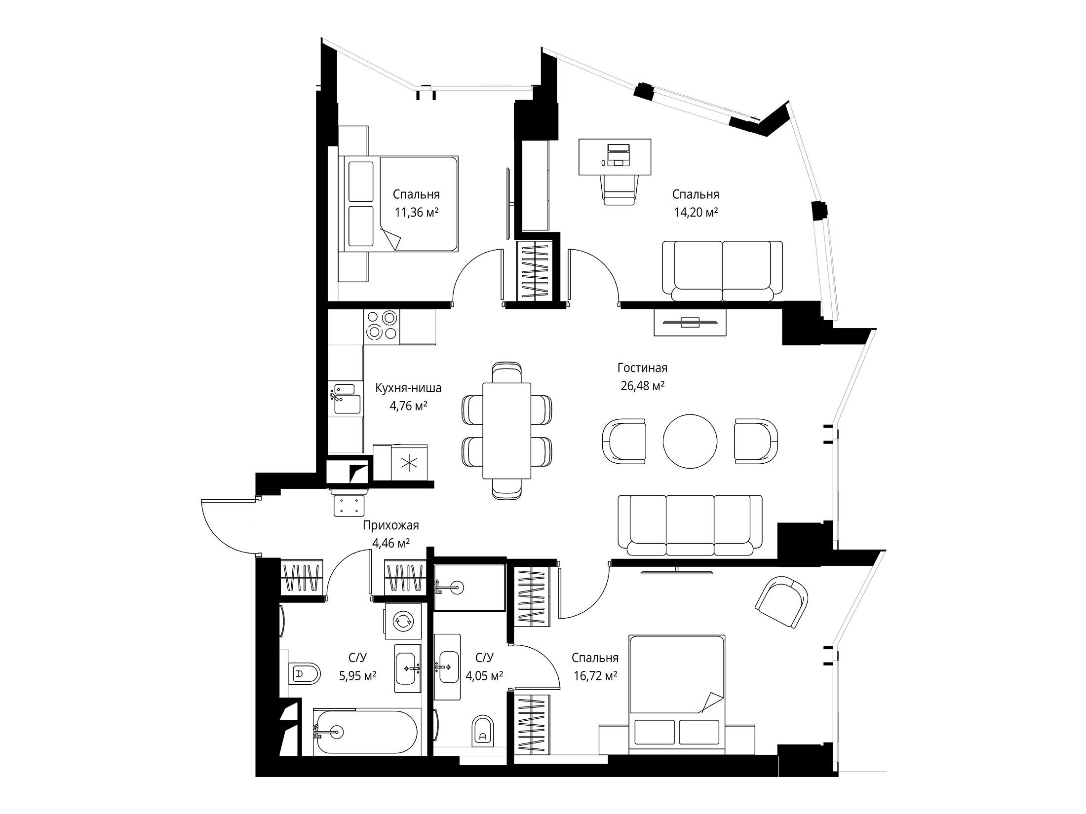 Планировка: 3-комн. квартира 88.20 м² в новостройке Феймос