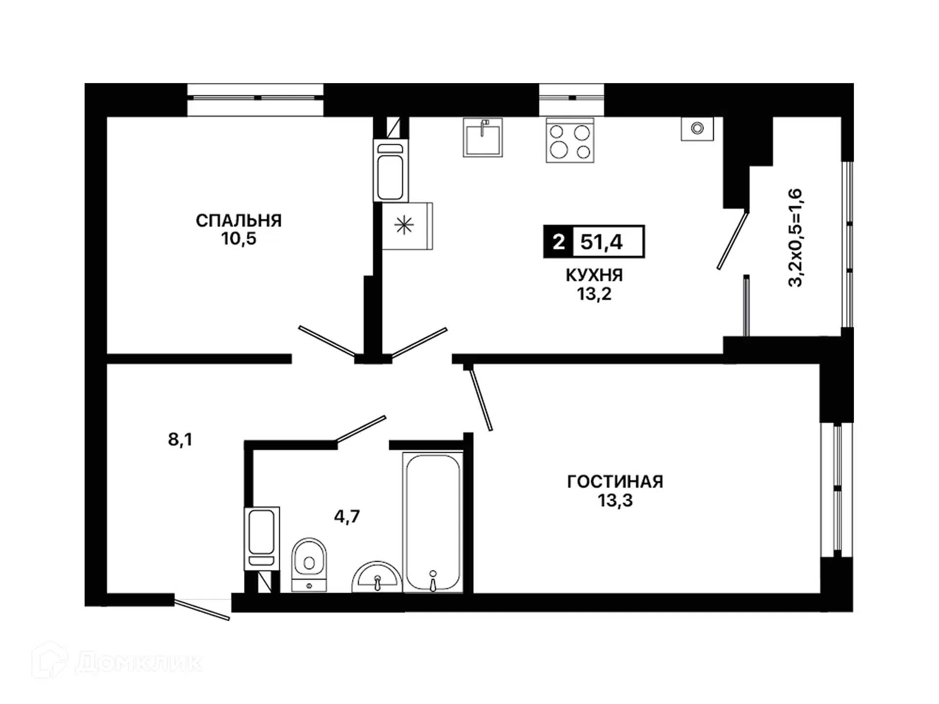 Планировка: 2-комн. квартира 51.40 м² в новостройке Приморье