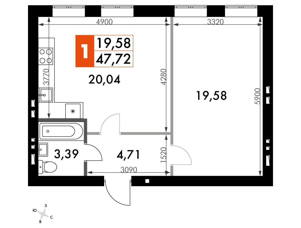Планировка: 1-комн. квартира 47.70 м² в новостройке Парк Апрель